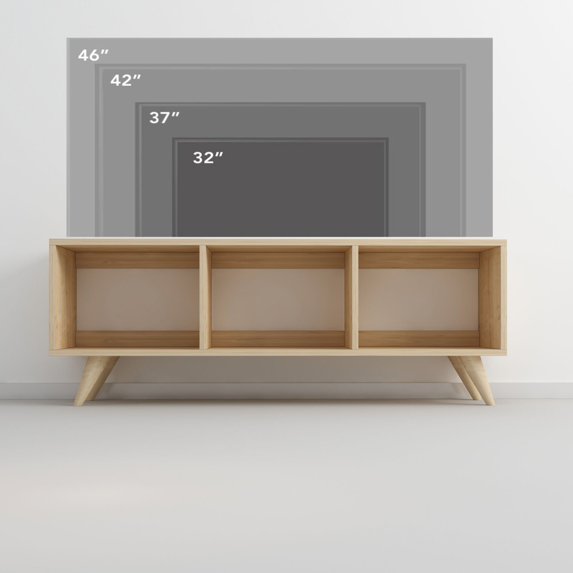 Tina TV Sehpası – 120 cm Açık Meşe Renkli, Retro Tarz Ahşap Ayaklı Minimal TV Sehpası