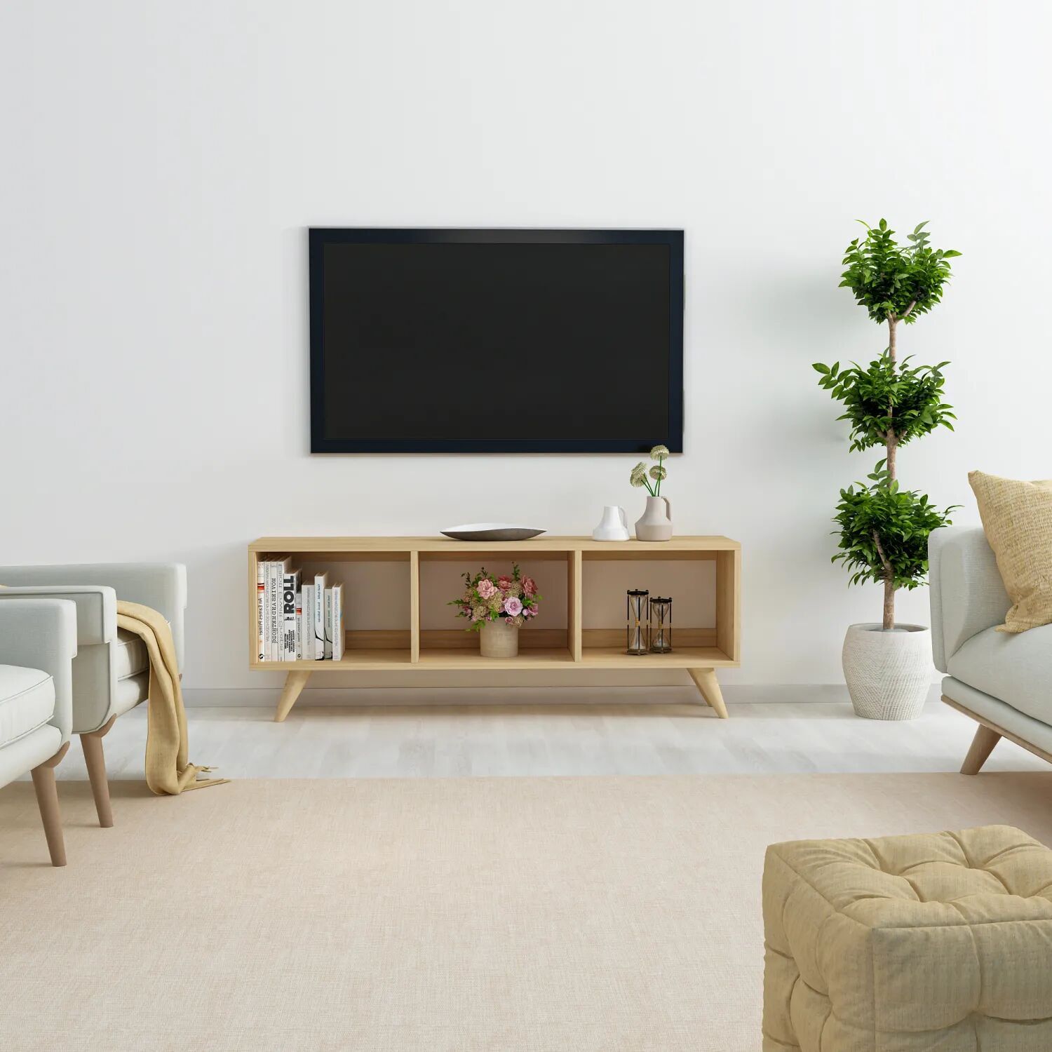 Tina TV Sehpası – 120 cm Açık Meşe Renkli, Retro Tarz Ahşap Ayaklı Minimal TV Sehpası Safir Meşe