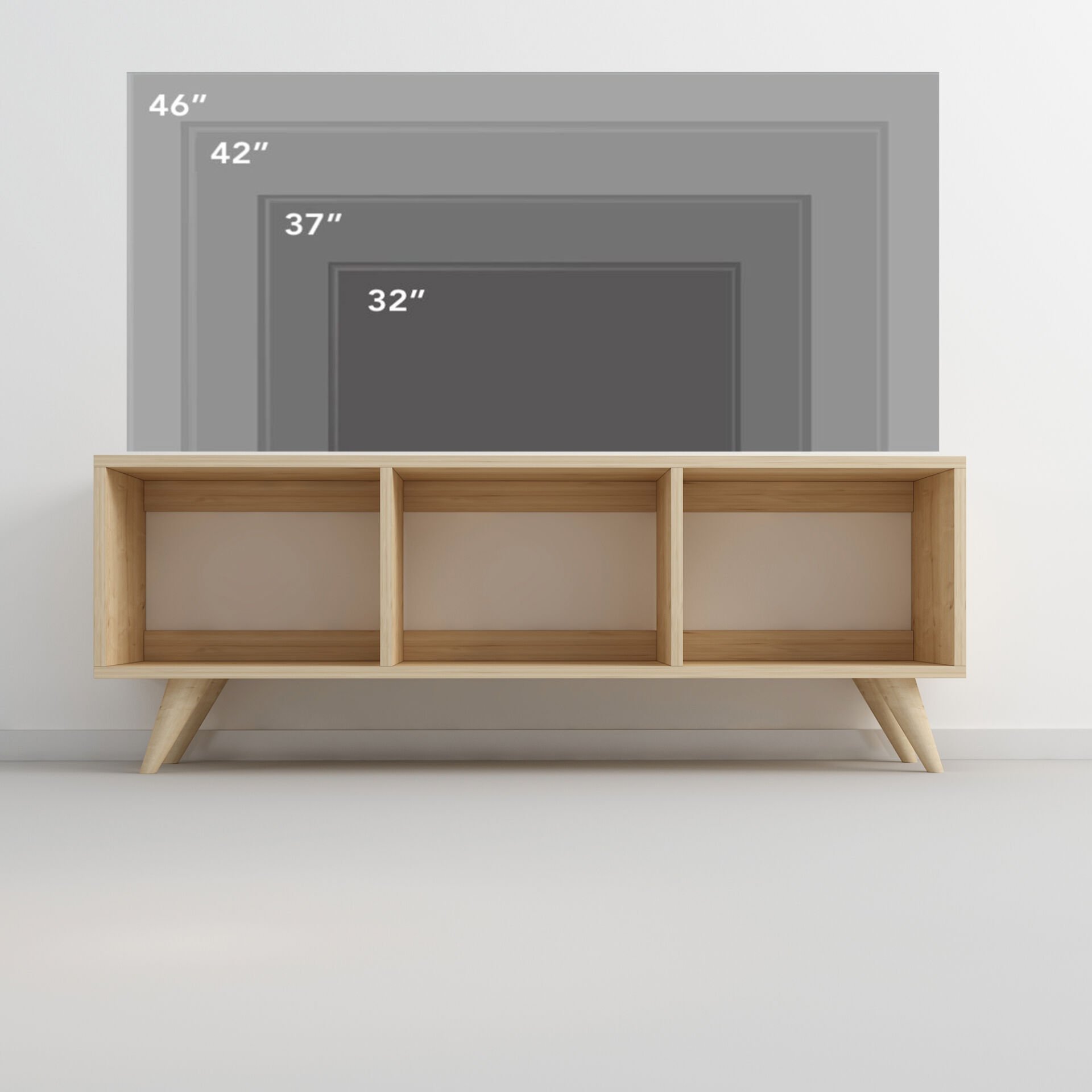 Tina TV Sehpası – 120 cm Açık Meşe Renkli, Retro Tarz Ahşap Ayaklı Minimal TV Sehpası Safir Meşe