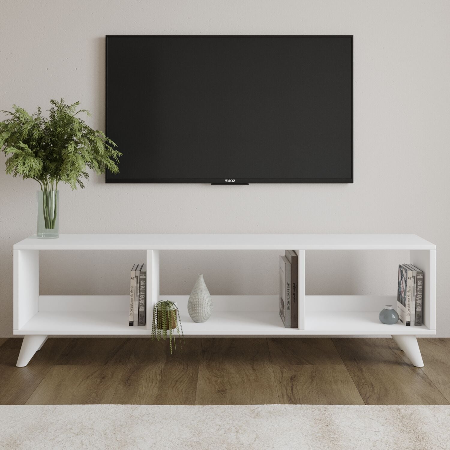 Tina TV Sehpası – 120 cm Açık Meşe Renkli, Retro Tarz Ahşap Ayaklı Minimal TV Sehpası Beyaz