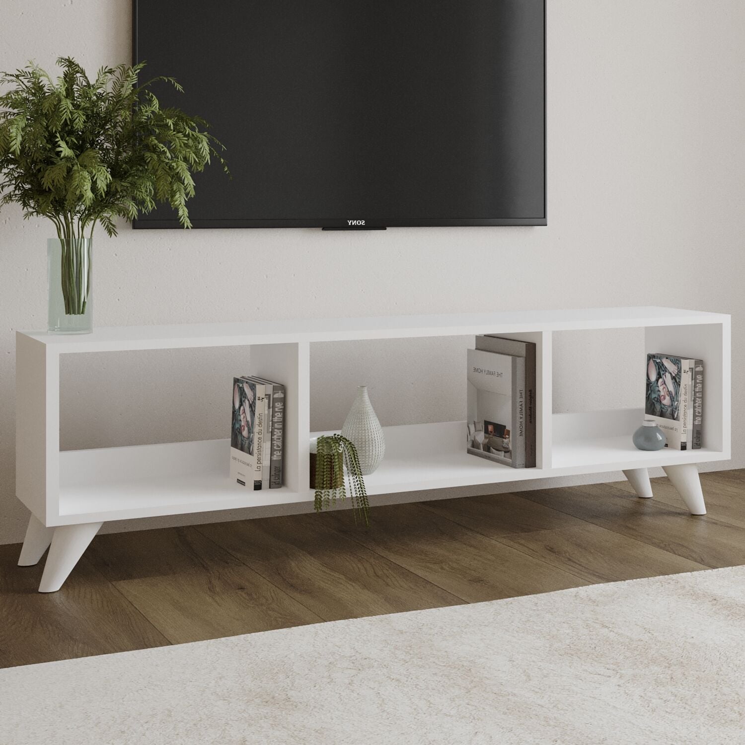 Tina TV Sehpası – 120 cm Açık Meşe Renkli, Retro Tarz Ahşap Ayaklı Minimal TV Sehpası Beyaz