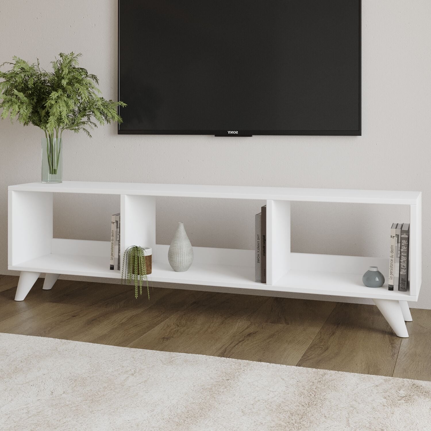 Tina TV Sehpası – 120 cm Açık Meşe Renkli, Retro Tarz Ahşap Ayaklı Minimal TV Sehpası Beyaz