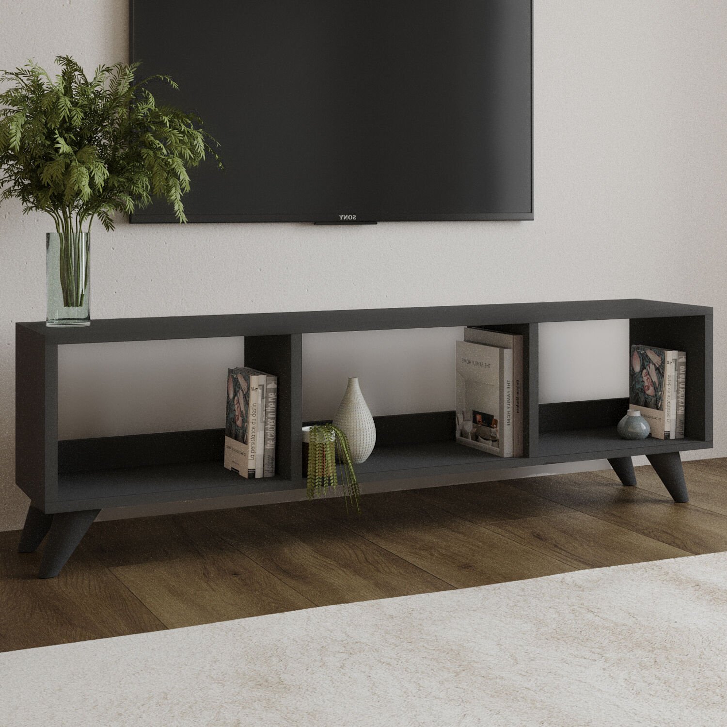 Tina TV Sehpası – 120 cm Açık Meşe Renkli, Retro Tarz Ahşap Ayaklı Minimal TV Sehpası Antrasit