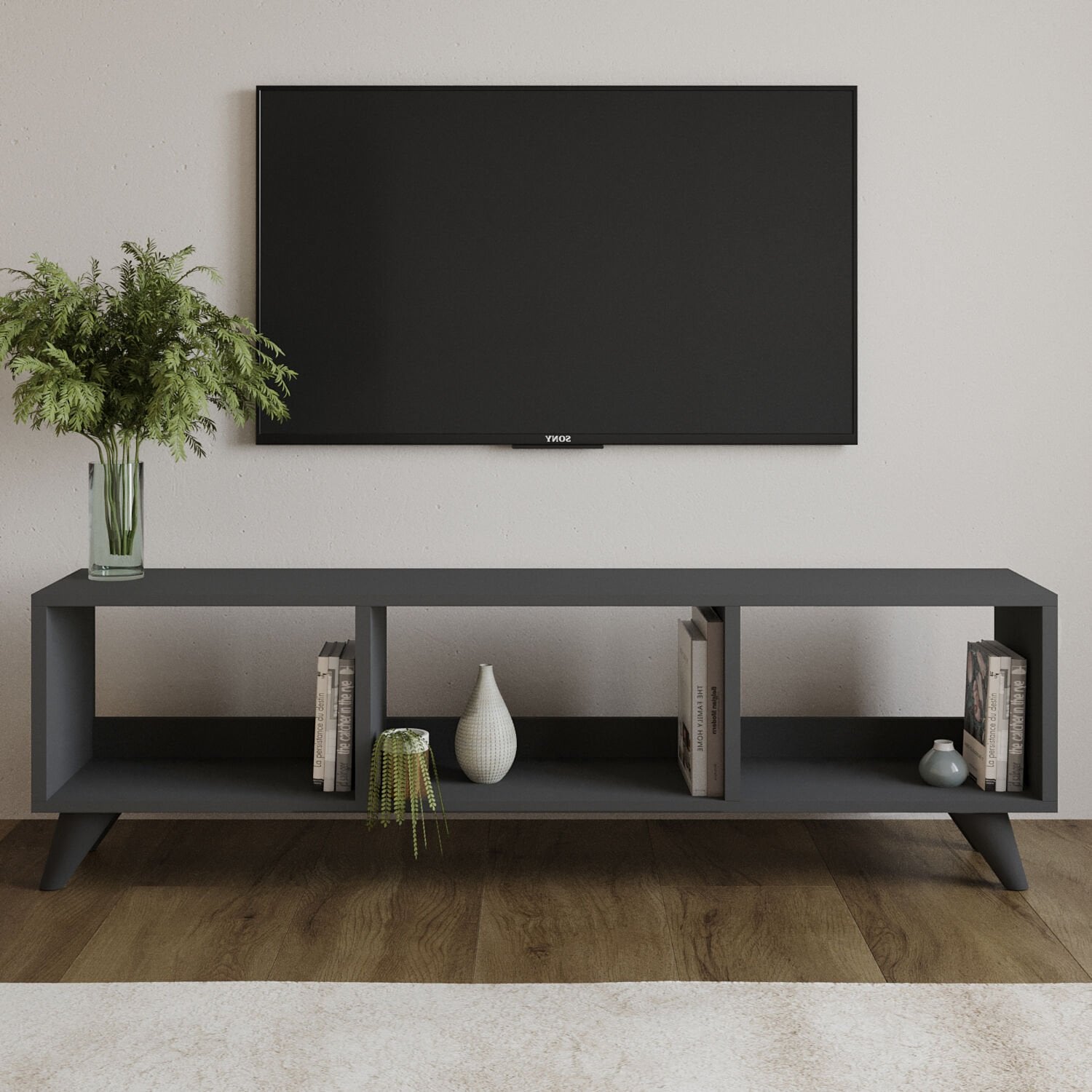 Tina TV Sehpası – 120 cm Açık Meşe Renkli, Retro Tarz Ahşap Ayaklı Minimal TV Sehpası Antrasit