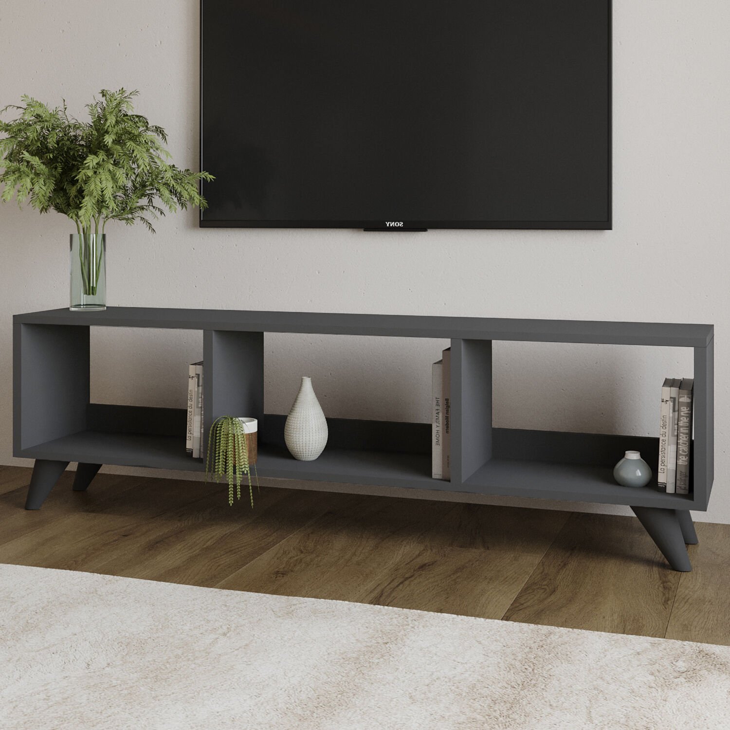 Tina TV Sehpası – 120 cm Açık Meşe Renkli, Retro Tarz Ahşap Ayaklı Minimal TV Sehpası Antrasit