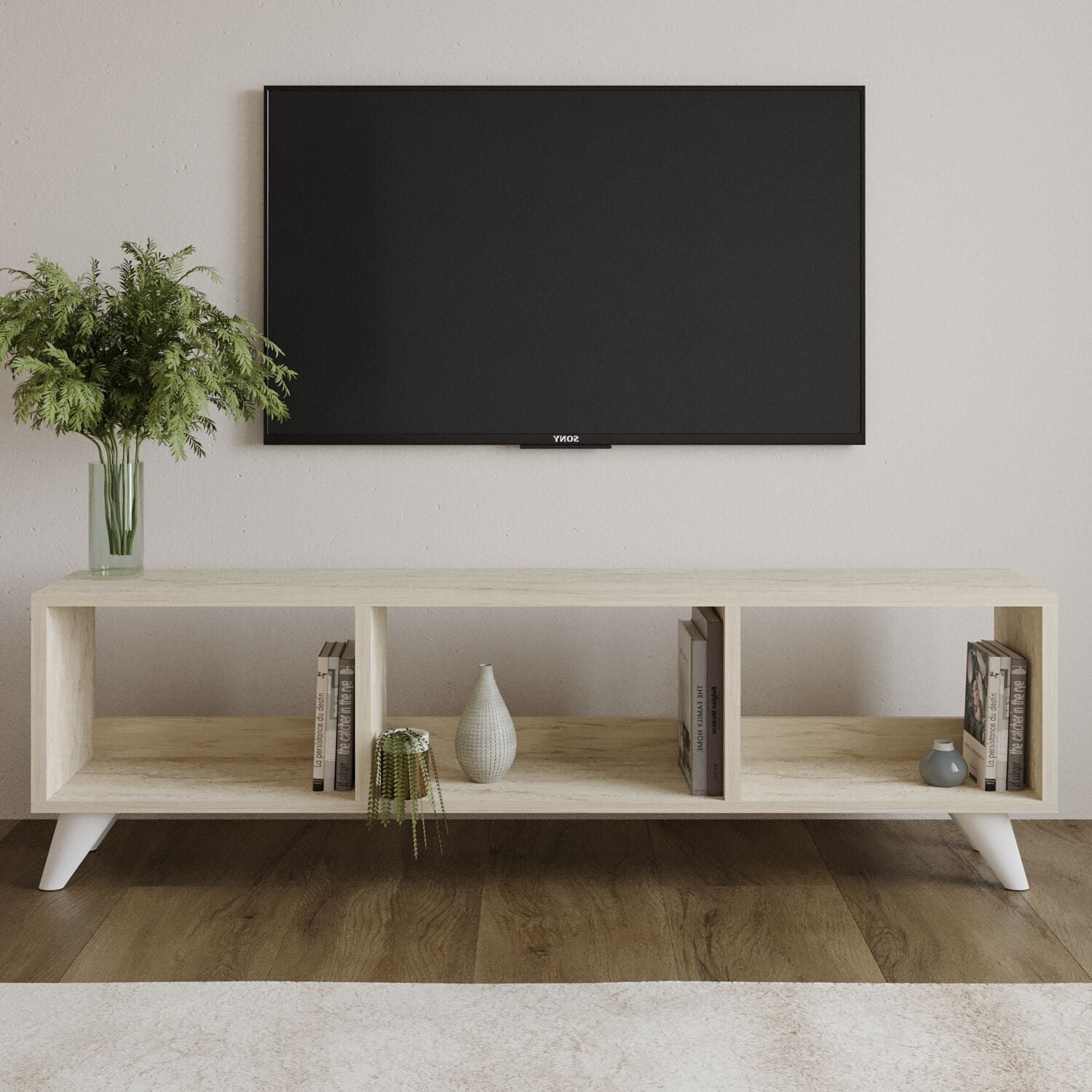 Tina TV Sehpası – 120 cm Açık Meşe Renkli, Retro Tarz Ahşap Ayaklı Minimal TV Sehpası Traverten