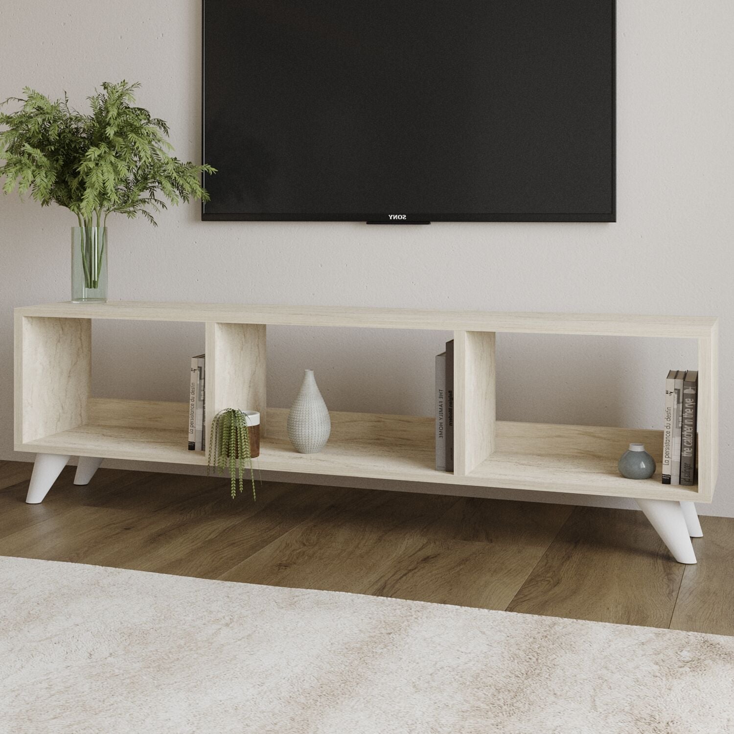 Tina TV Sehpası – 120 cm Açık Meşe Renkli, Retro Tarz Ahşap Ayaklı Minimal TV Sehpası Traverten