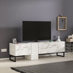Saga T0016 Kapaklı, Metal Ayaklı, Modern Tv Sehpası - Beyaz/Beyaz Mermer