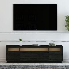 Gece T005 LED Işıklı TV Sehpası Ahşap Siyah - Kapaklı Tasarım, 180 cm