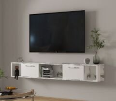 T006 Viero Mermer Desenli Duvara Monte TV Sehpası – 160 cm, Kapaklı Raflı