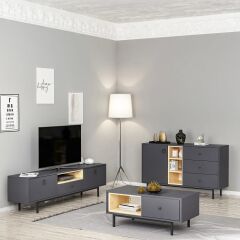 Naturel Üçlü Salon Takımı, Antrasit/Safir Meşe – Tv Sehpası, Orta Sehpa ve Konsol Seti