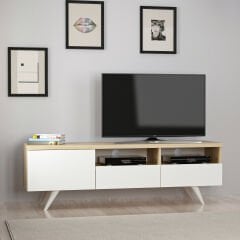 Brüksel Modern TV Sehpası – Beyaz/Safir Meşe, Açık Raflı Tasarım