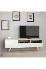 Brüksel Modern TV Sehpası – Beyaz ve Safir Meşe Renkli Açık Raflı Tasarım