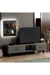 Aren Işıklı TV Ünitesi – Duvara Monte Raflı, Gold Detaylı Modern Tasarım