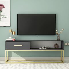 Mira TV Sehpası 160 cm – Kapaklı ve Raflı, Gold Ayak, Modern Tasarım