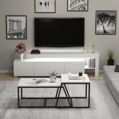 Beliz LED Işıklı TV Sehpası ve Minimal 2'li Orta Sehpa Takımı – Beyaz – Modern Oturma Odası Seti