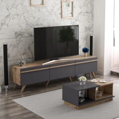 Amsterdam TV Sehpası & Concept Orta Sehpa Takımı – Antrasit/Antik Ceviz - 3 Kapaklı, Modern Salon Seti