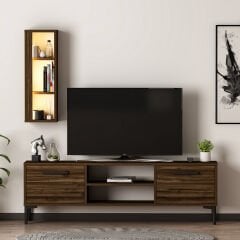 Bien 2 Kapaklı TV Ünitesi ve Duvara Monte LED ışıklı Raf - Ceviz