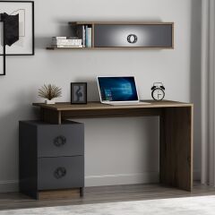 Sera 2 Çekmeceli Çalışma Masası, Duvara Monte Üst Raflı – Antrasit/Antik Ceviz