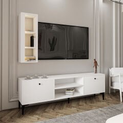 Bien 2 Kapaklı TV Ünitesi ve Duvara Monte LED ışıklı Raf - Beyaz
