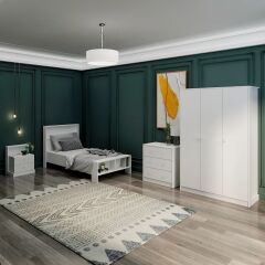 Life Genç Odası Takımı Beyaz – Tek Kişilik Karyola, 3 Kapaklı Gardırop, Komodin, Şifonyer