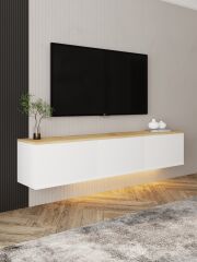 Neon LED Işıklı Duvara Monte, 3 Kapaklı TV Sehpası – 160 cm - Modern Tasarım