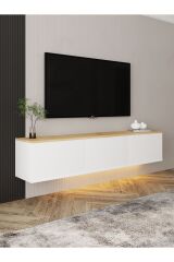 Neon LED Işıklı Duvara Monte, 3 Kapaklı TV Sehpası – 160 cm - Modern Tasarım
