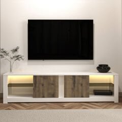 Aydos LED Işıklı Modern TV Sehpası – Cam Raflı, 2 Kapaklı, 180 cm