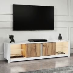 Aydos LED Işıklı Modern TV Sehpası – Cam Raflı, 2 Kapaklı, 180 cm