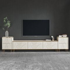 İmaj TV Ünitesi & Komodin SET – 5 Kapaklı, Mermer Desenli, Modüler Tasarım, 260 cm