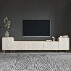 İmaj TV Ünitesi & Komodin SET – 5 Kapaklı, Mermer Desenli, Modüler Tasarım, 260 cm