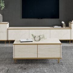 İmaj Modern Kapaklı Orta Sehpa – 90x45 cm | Mermer Desenli ve Gold Detaylı