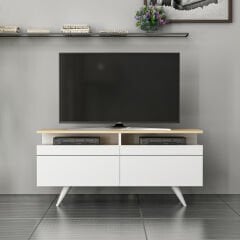 Berlin Minimal 2 Kapaklı Tv Sehpası-120 cm, Beyaz/Safir Meşe