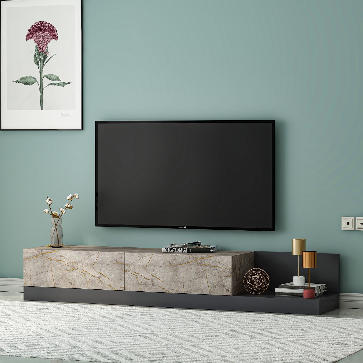 Majör Modern 2 Kapaklı TV Sehpası – 180 cm Medya Ünitesi Gordion Mermer/Antrasit