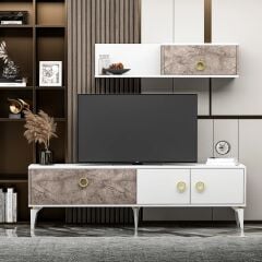 Zümrüt T0019 Raflı, Gordion Mermer Desenli Modern TV Ünitesi – Gold Kulplu, 180 cm