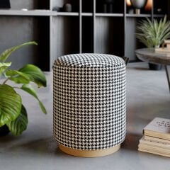 Macaria Puf, Oturma Odası, Antre Puf, Beyaz-Siyah (Kaz Ayağı Desen) - Gold Metal Ayak