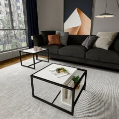 Batı 2’li Modern Orta Sehpa Takımı – Metal Ayaklı, Alt Raflı